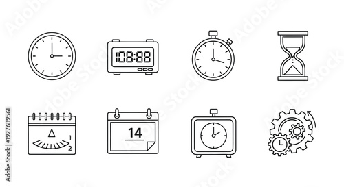 A collection of various timekeeping devices and calendar illustrations