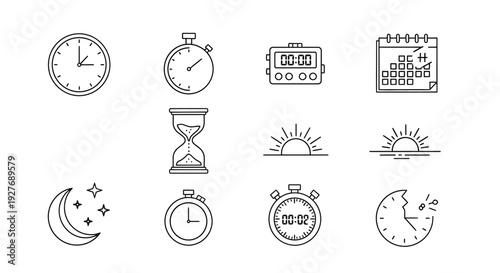 Diverse collection of time-related icons and symbols representing various timekeeping methods