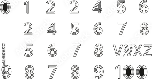 A collection of numbers and letters with a double outline effect