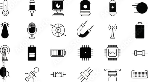 A collection of diverse electronic and physics-related icons