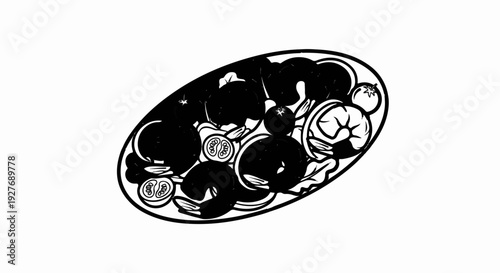 A minimalist black and white illustration of a platter with various food items