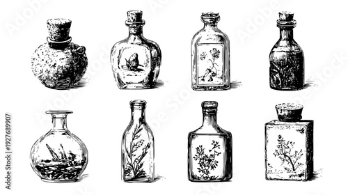 Restoration collection featuring corked bottles and botanical art, vector illustration set