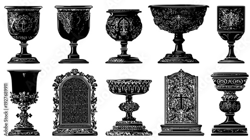 Relic bundle showcasing engraved cups and stone tablets, illustration set