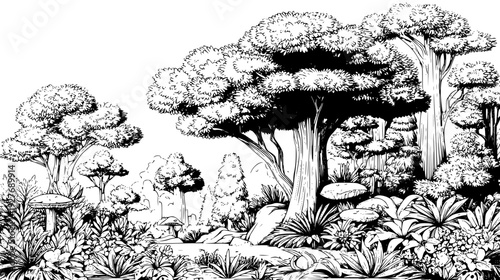 Rain forest family with lush greenery and tropical stems, vector illustration set