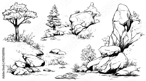 River crossing collection featuring craggy rocks and muddy banks, illustration set