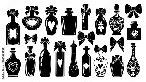 Romance elixir collection featuring decorative bottles and bows, vector illustration set