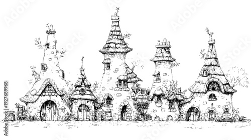 Root dwelling family with charming chimneys and rustic fences, illustration set