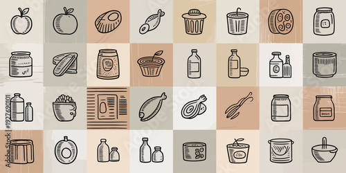 Hand drawn collection of various food and kitchen items on a grid background