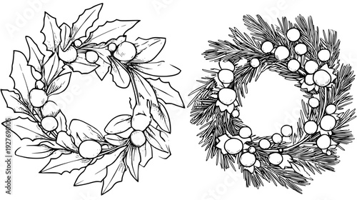 Snowy evergreen ring family with mistletoe and pine needles, vector illustration set