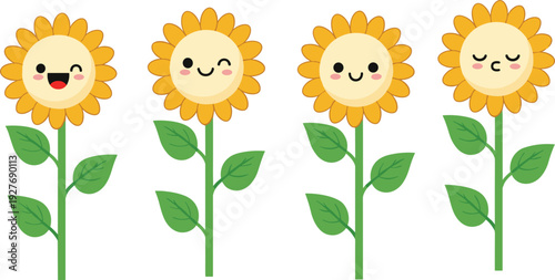 Cute Kawaii Sunflower Characters Set with Smiling Faces Cartoon Floral Illustration Collection Isolated on Light Background