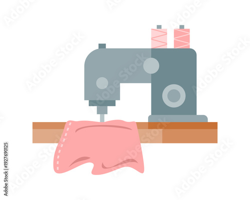 Industrial sewing machine with pink fabric icon flat vector design