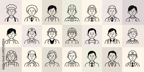 Diverse group of professionals illustrated in a simple line art style