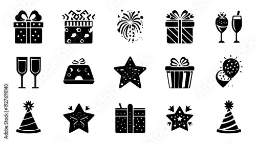 Success celebration bundle showcasing firework and star icons, vector illustration set