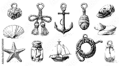 Summer door loop assortment with nautical rope and ocean finds, vector illustration set