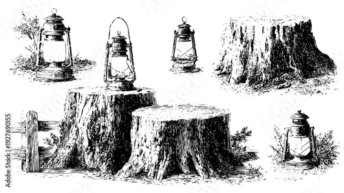 Stump abode kit including miniature lanterns and fences, illustration set