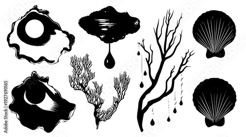 Sunken pearl set with jagged shells and coral branches, illustration set