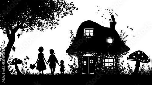 Toadstool cottage family with windows and mossy foundations, vector illustration set