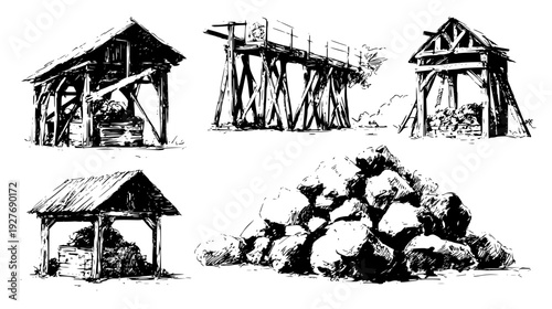 Under-bridge kit including crude shelters and piles of river stones, vector illustration set