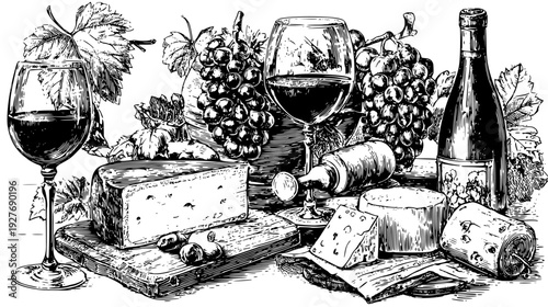 Vineyard lunch set with cheese boards and grape bunches, vector illustration set