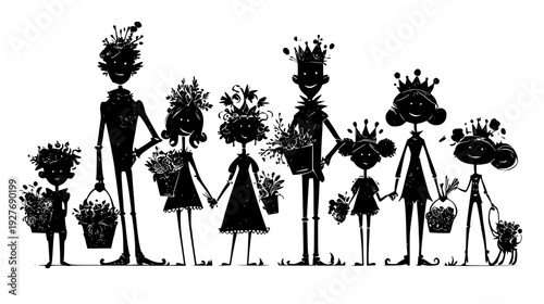Wealth stash family with crowns and overflowing jewels, illustration set