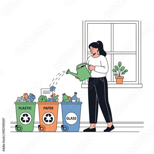Woman Recycling Plastic Paper Glass Waste.