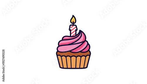 Delicious cupcake with pink frosting and lit candle on top