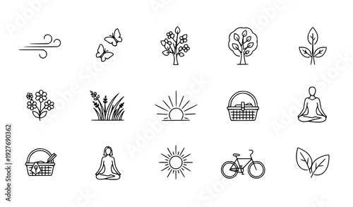 Spring summer outdoor activity and wellbeing line icons with butterflies wind trees vector isolated on transparent background