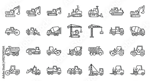 A diverse collection of construction vehicles and equipment in black and white