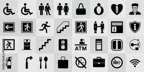 Collection of universal pictograms and icons for public spaces and services