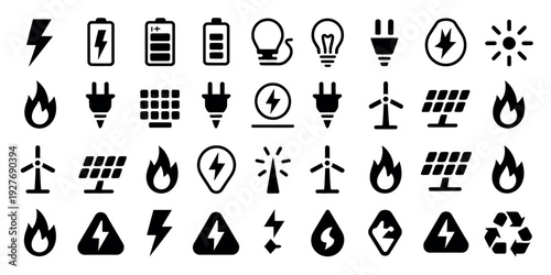Collection of energy and power icons including lightning bolts and solar panels