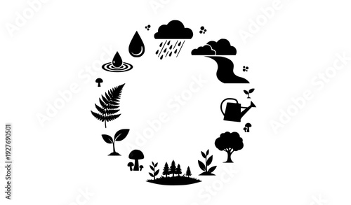Woodland hydration and botanical growth ecosystem silhouette icons vector isolated on transparent background