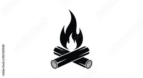 Stylized black and white illustration depicting a campfire with burning logs