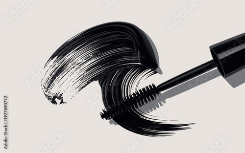 Black mascara brush with swatch on light background