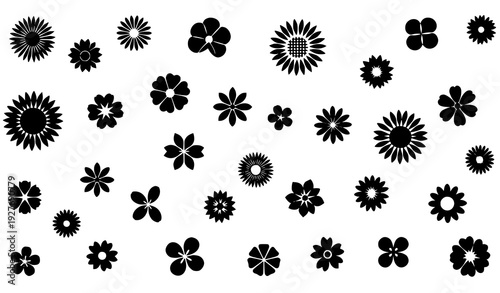 Scattered black flower icons simple floral graphic elements vector isolated on transparent background
