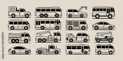 Collection of diverse vehicle illustrations in a clean line art style