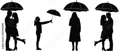 Romantic Couple Under Umbrella Silhouette Collection Vector Illustration Isolated on Light Background Love Rain Scene Set