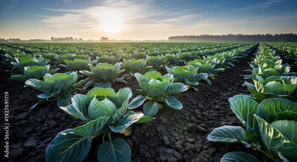 Fototapeta premium Sunrise over a vast cabbage field, fresh produce in the morning light