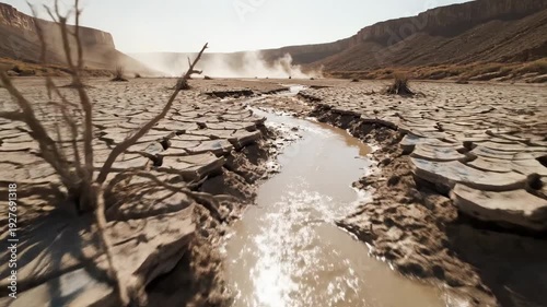 Dry Cracked Earth With Muddy River Trickle in Arid Landscape