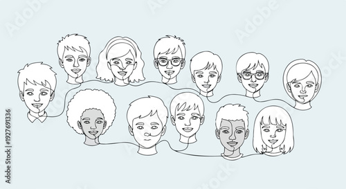 Diverse group of people with different hairstyles and expressions on zero discrimination day against a light blue background