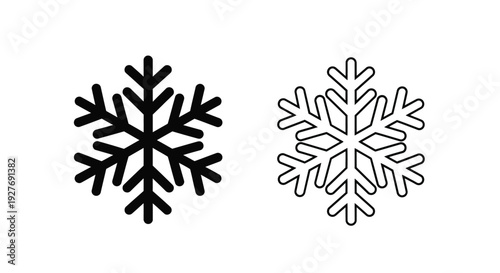 Two stylized snowflakes one solid one outlined in black and white