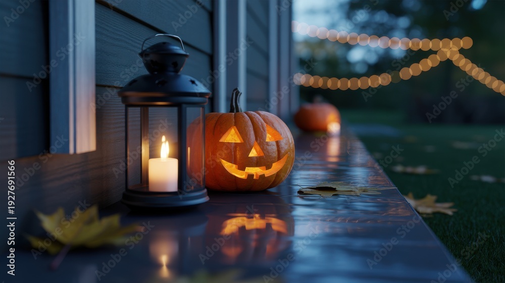 Obraz premium Halloween carved pumpkin and lantern with candle on a wet porch decorated with autumn leaves