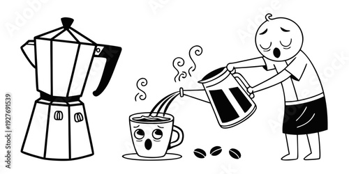 A child is being served a cup of coffee from a moka pot by an adult. Vector