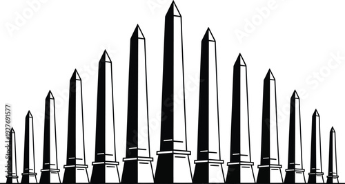 Abstract cityscape with obelisk monuments, modern city architecture vector black silhouette