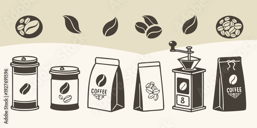 Assorted coffee products lined up on a white background with coffee beans and a clock. Vector