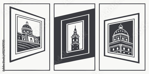 Three distinct framed artworks featuring a prominent architectural structure Vector