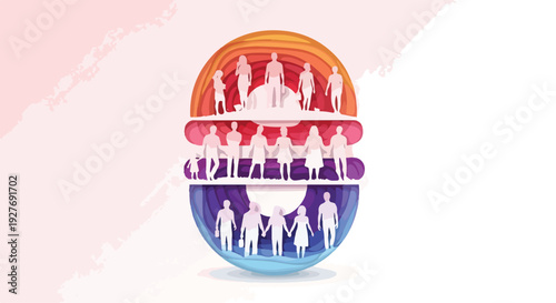 Illustration of a diverse group of people in a colorful, layered sphere on a pink background, promoting unity and zero discrimination day