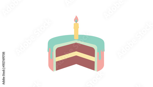 Colorful birthday cake with lit candle on top