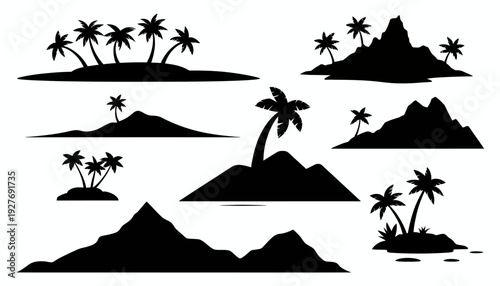 Eight black silhouette of tropical islands with palm trees and mountains