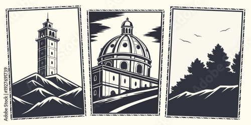 Three distinct architectural buildings standing against a dark background Vector