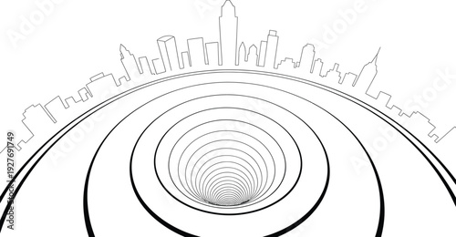 Abstract city skyline above a vortex of concentric circles leading into an endless tunnel